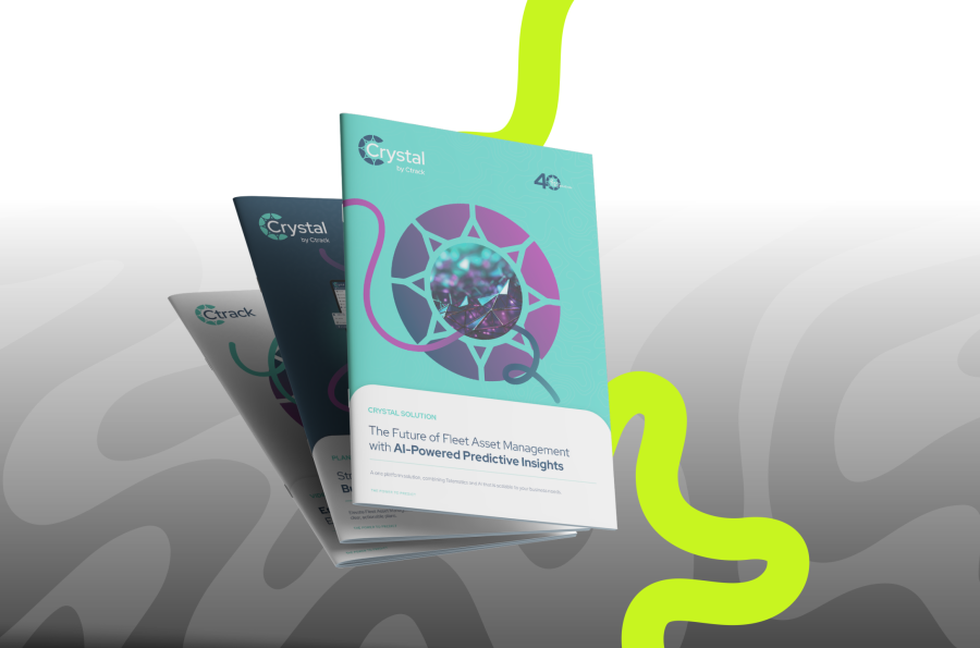 Three overlapping brochures with a futuristic design featuring a digital crystal and bold text on AI-powered asset management. Wavy neon lines add a modern touch.