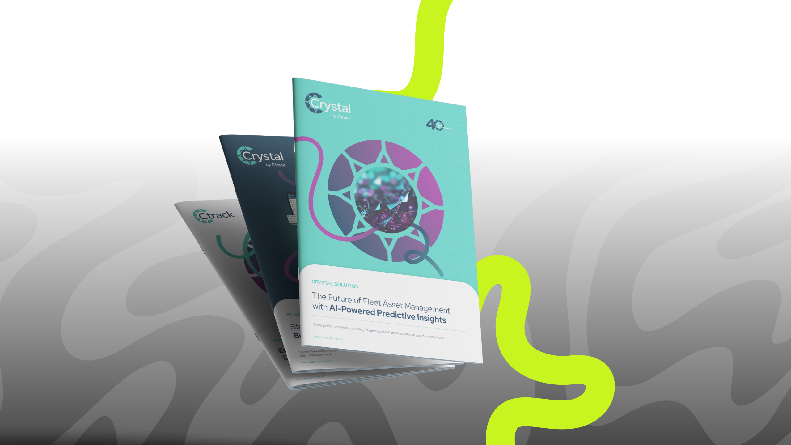 Three overlapping brochures with a futuristic design featuring a digital crystal and bold text on AI-powered asset management. Wavy neon lines add a modern touch.