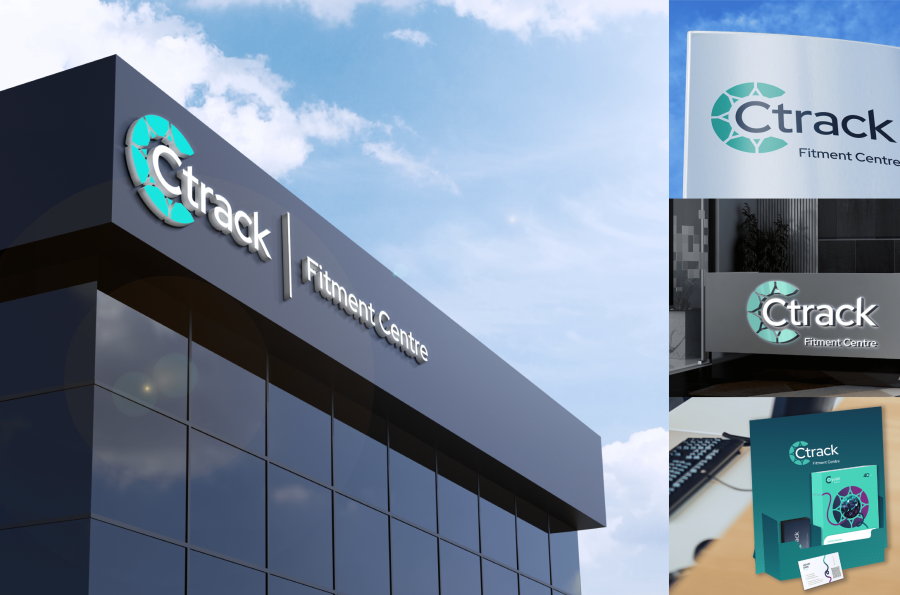 Collage featuring Ctrack branding on a sleek, modern building against a blue sky, signage on a futuristic panel, and a product package on a desk.