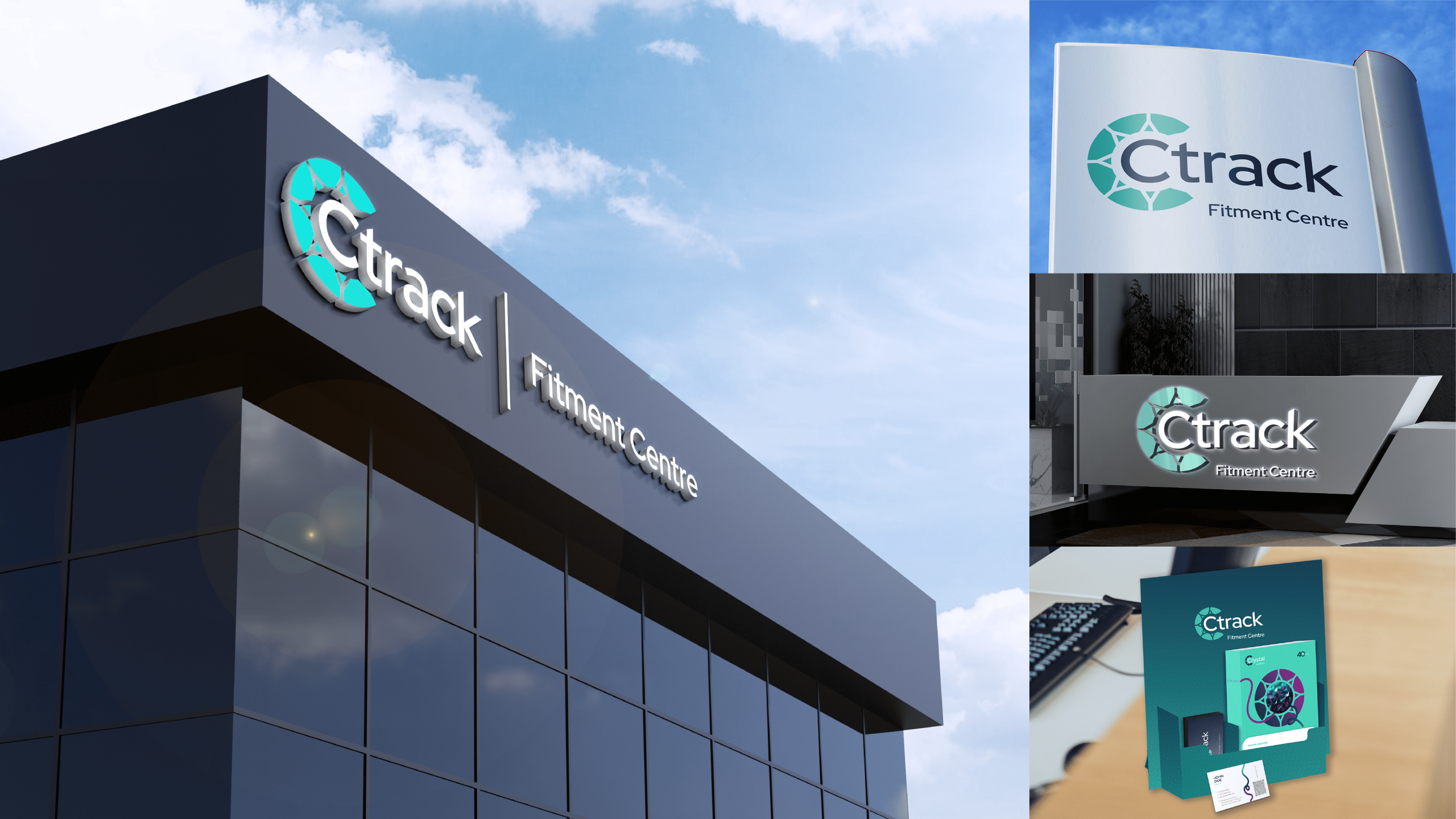Collage featuring Ctrack branding on a sleek, modern building against a blue sky, signage on a futuristic panel, and a product package on a desk.