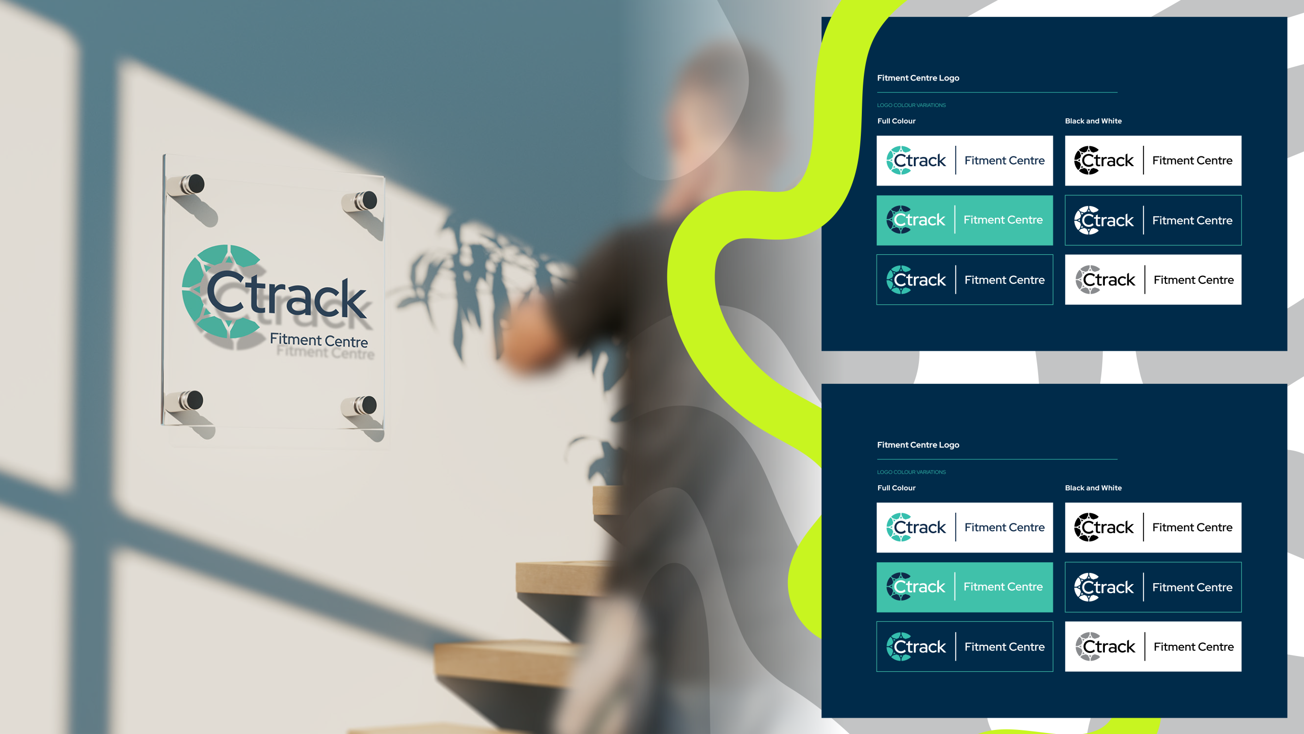 The image features a blurred person ascending stairs beside a wall with a "Ctrack Fitment Centre" sign. Adjacent are design variations of the logo on a blue background.