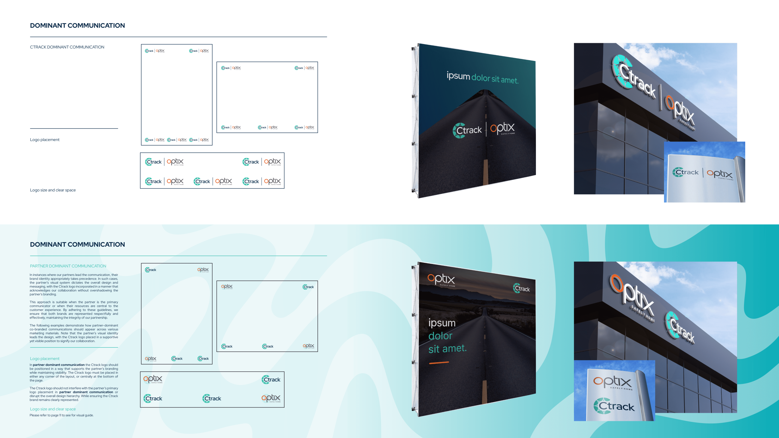 Split image of a branding guide showcases logo applications in various formats, colours and contexts, including signage and promotional materials.