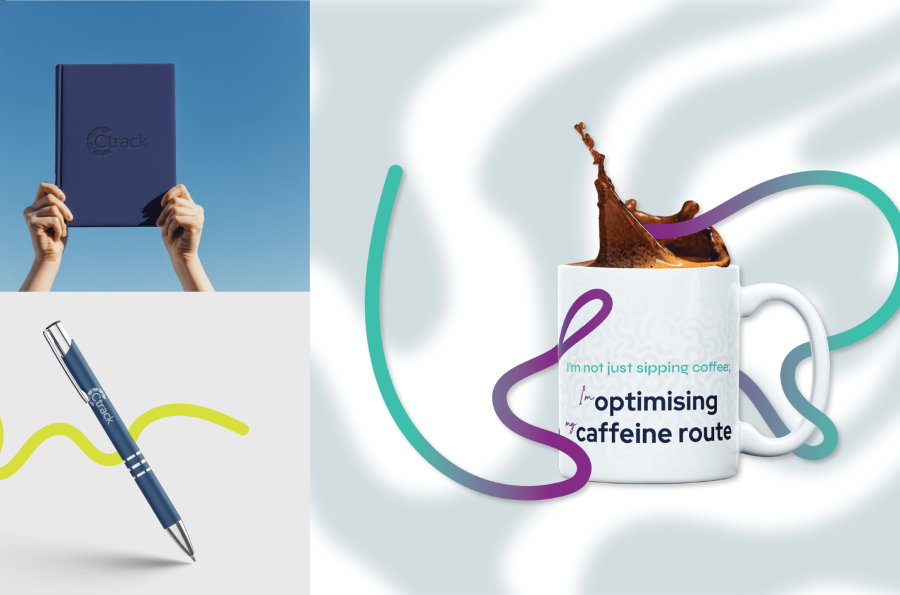 A blue notebook is held up against a clear sky. Below, a blue pen lies diagonally with a green squiggle. A coffee mug with flowing colors has text about caffeine.