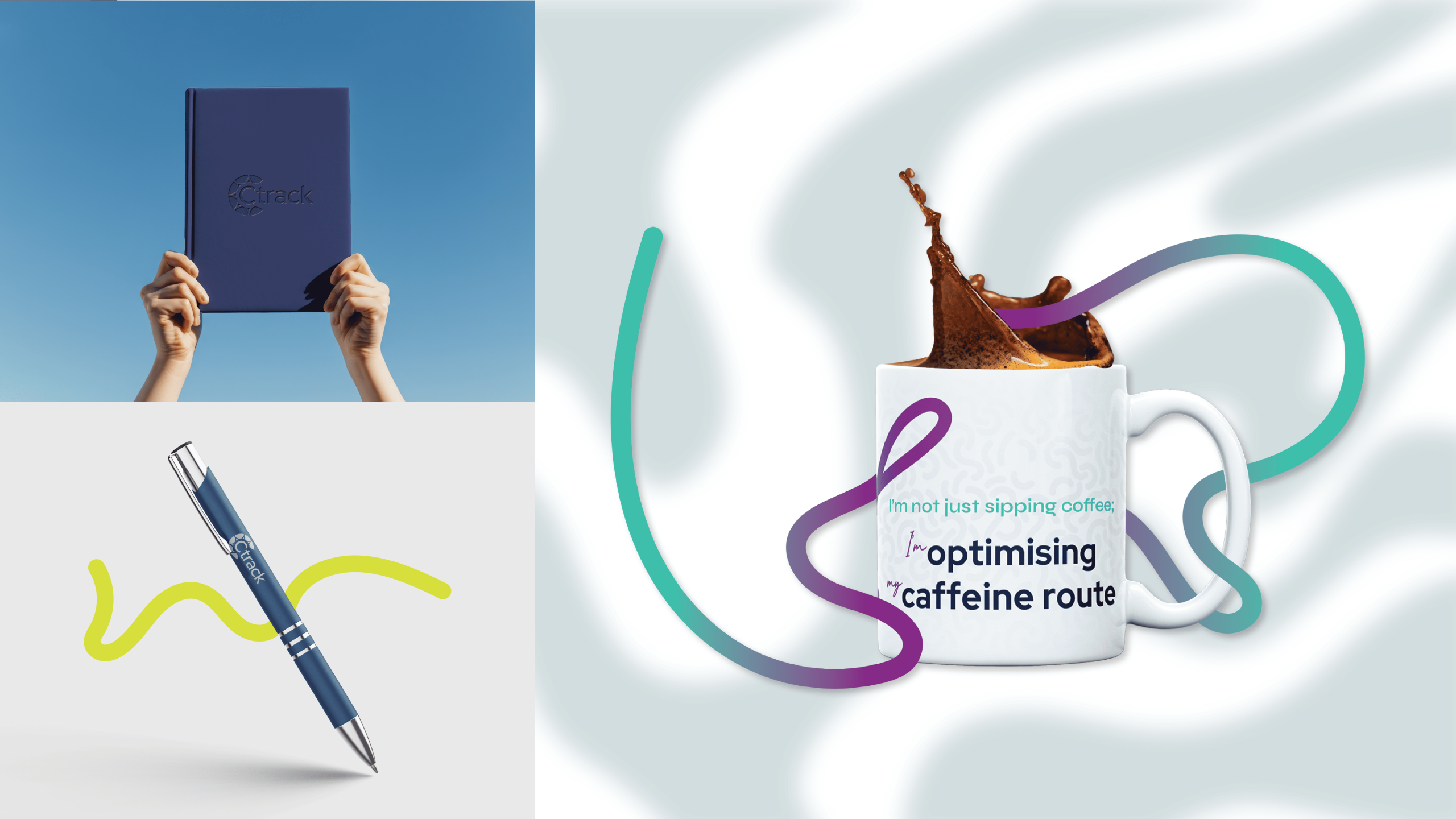 A blue notebook is held up against a clear sky. Below, a blue pen lies diagonally with a green squiggle. A coffee mug with flowing colors has text about caffeine.