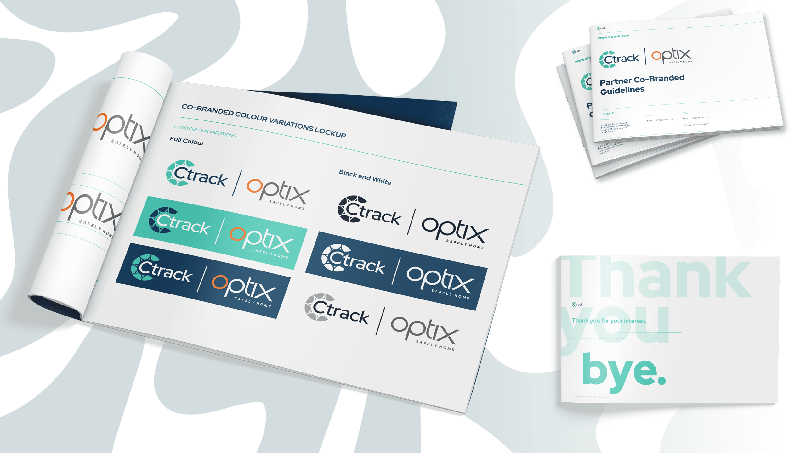 Open booklet displaying co-branded logo variations for Ctrack and Optix in full color and black and white. Nearby are guideline booklets. Background is abstract.
