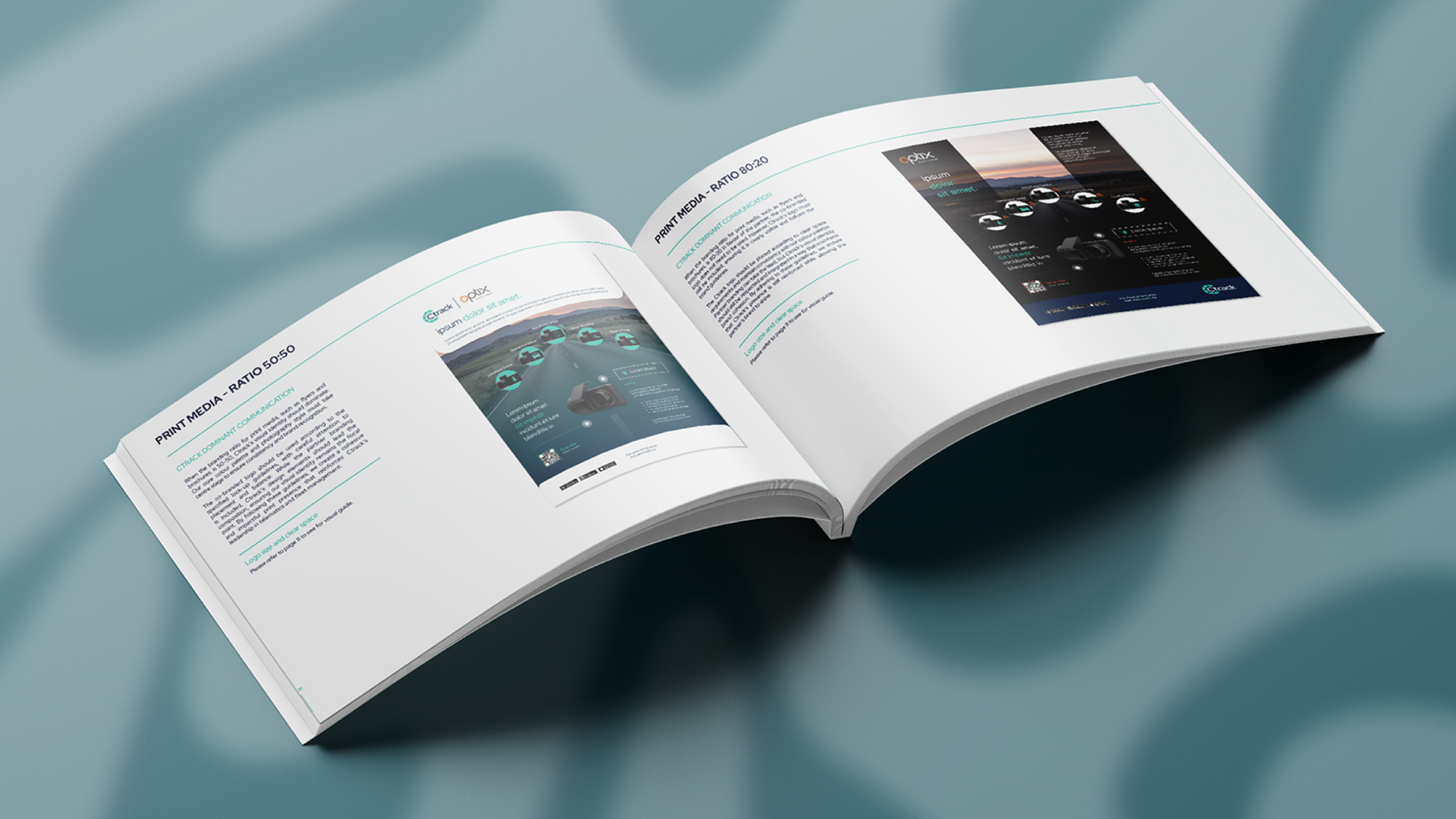 Open brochure on a smooth surface, showing sleek, modern design with text and infographics. The tone is professional and informative.