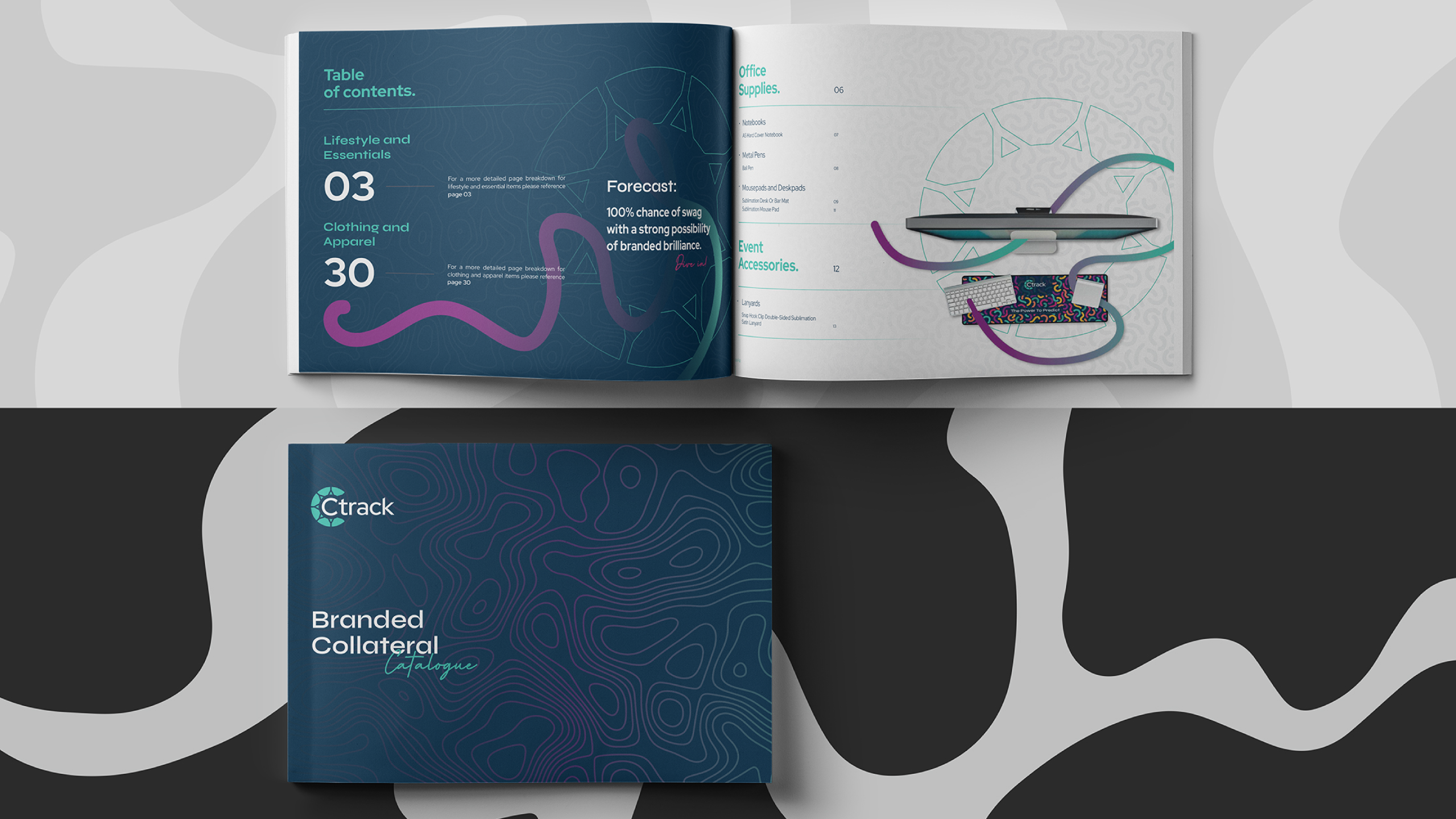 Open brochure with abstract design featuring a colorful curved line and a computer illustration; cover displayed below with layered patterns.