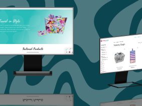 Two computer monitors display a colorful travel-themed website with floral bags, featuring sections labeled "Travel in Style" and "Toiletry Bags." The background is a wavy, abstract teal pattern.