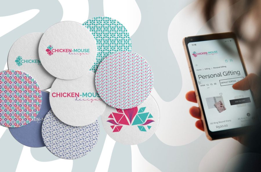 A person is holding a smartphone on the right displaying a personal gifting website. On the left, there are colorful coasters with the "Chicken-Mouse" logo.