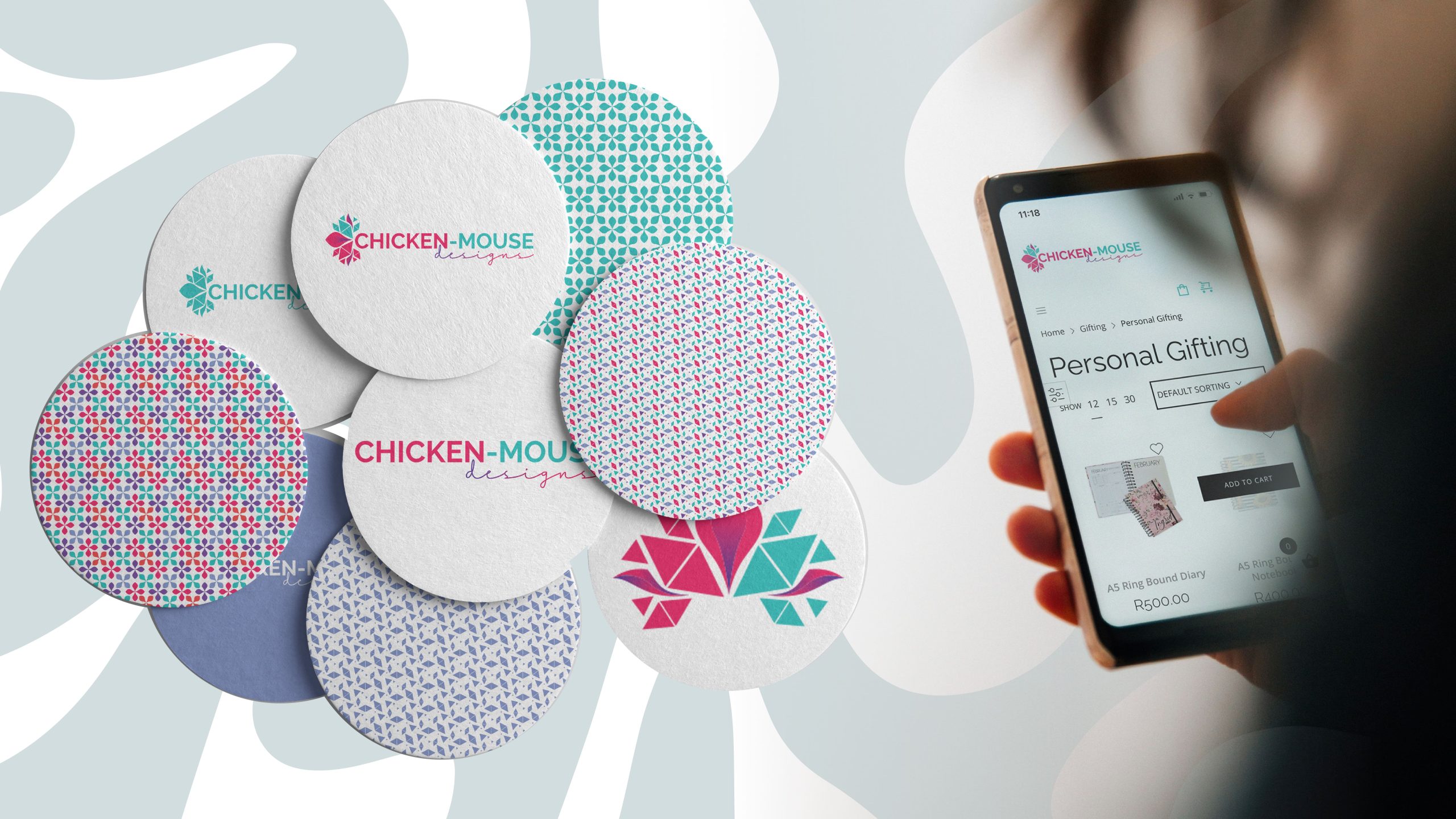 A person is holding a smartphone on the right displaying a personal gifting website. On the left, there are colorful coasters with the "Chicken-Mouse" logo.