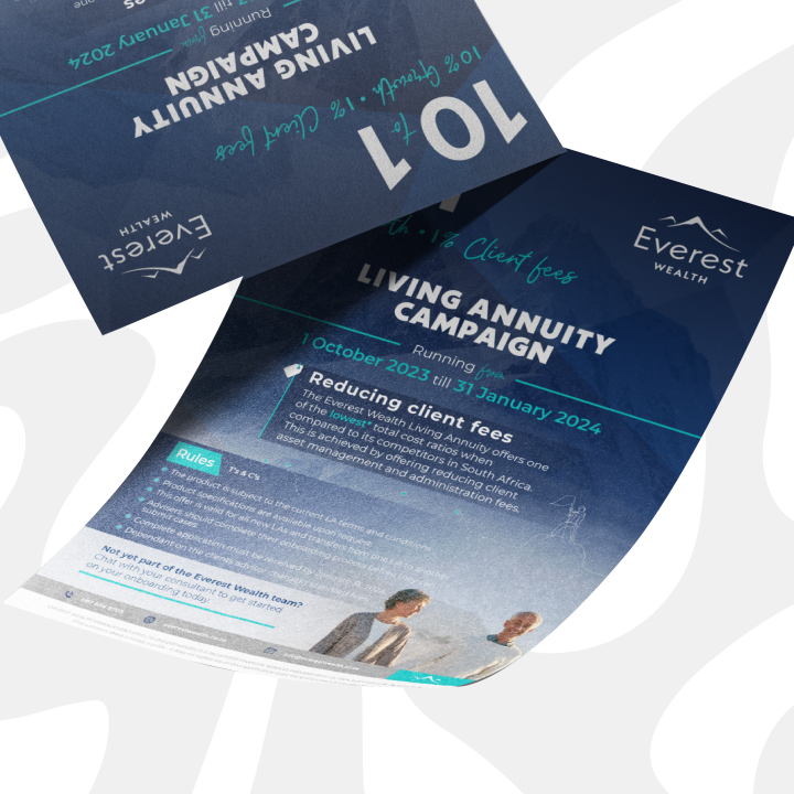 Blue campaign flyer for Everest Wealth's Living Annuity Campaign, running from October 2023 to January 2024, featuring a sketched mountain logo and two small figures in business attire at the bottom.