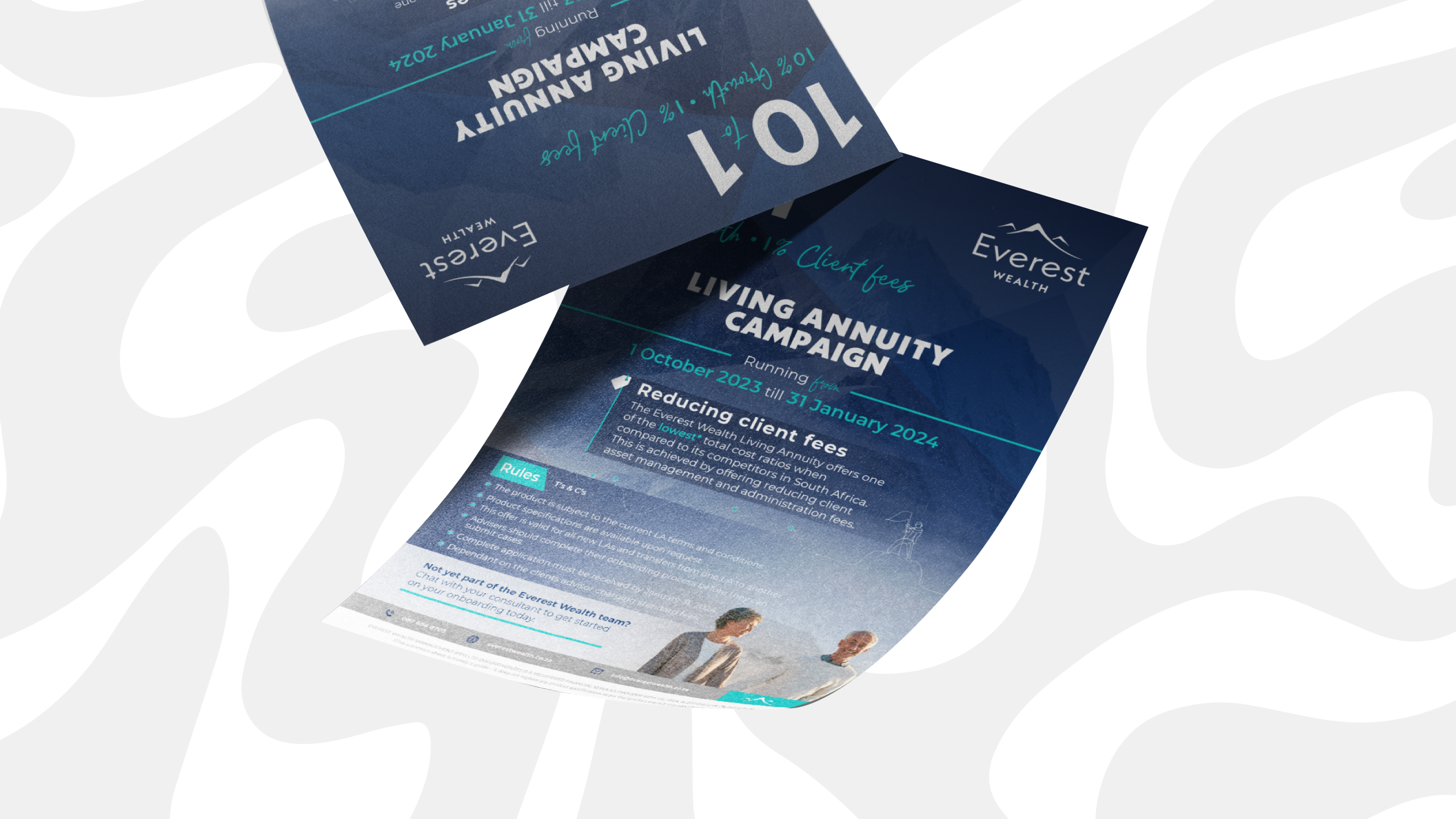 Blue campaign flyer for Everest Wealth's Living Annuity Campaign, running from October 2023 to January 2024, featuring a sketched mountain logo and two small figures in business attire at the bottom.