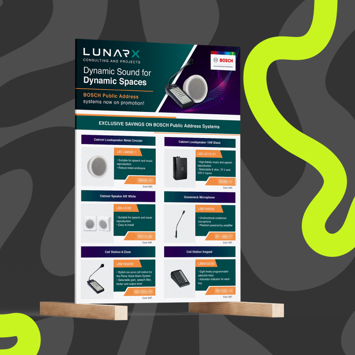 Promotional poster for LunarX audio products. Displays Dynamic Sound for Dynamic Spaces with Bosch public address systems. Features various audio equipment like speakers, microphones and amplifiers against a black and lime green abstract background.