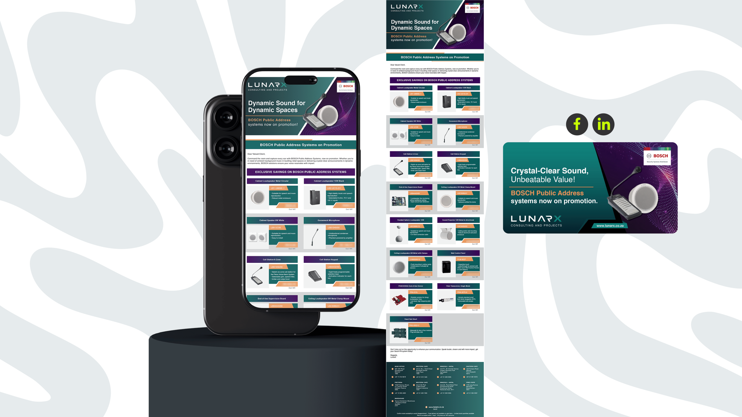 A smartphone displaying a dynamic, colourful product advertisement for audio equipment stands on a pedestal. The promotional banner beside it showcases sound systems with a modern, professional tone.
