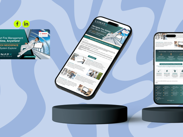 Two smartphones displaying a fire management app are showcased above dark circular platforms. A green marketing card with tech icons is on the left. Blue abstract background.