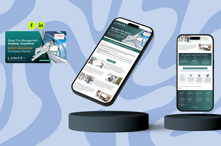 Two smartphones displaying a fire management app are showcased above dark circular platforms. A green marketing card with tech icons is on the left. Blue abstract background.