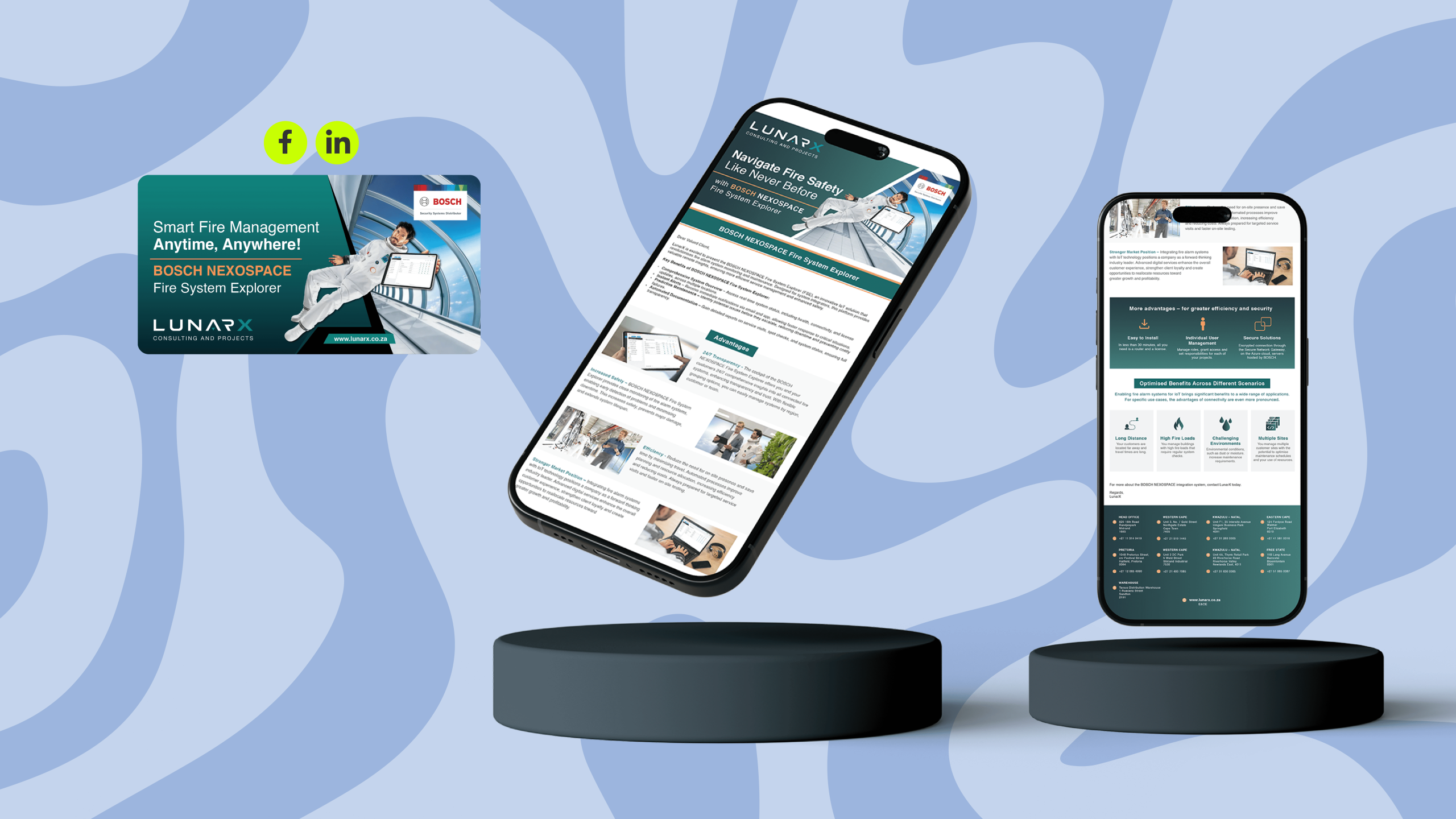Two smartphones displaying a fire management app are showcased above dark circular platforms. A green marketing card with tech icons is on the left. Blue abstract background.
