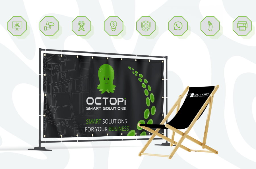 Banner featuring a green octopus logo and text "Octopi Smart Solutions: Smart Solutions for Your Business," alongside a black deck chair with the same branding. Iconography above suggests technology and innovation.