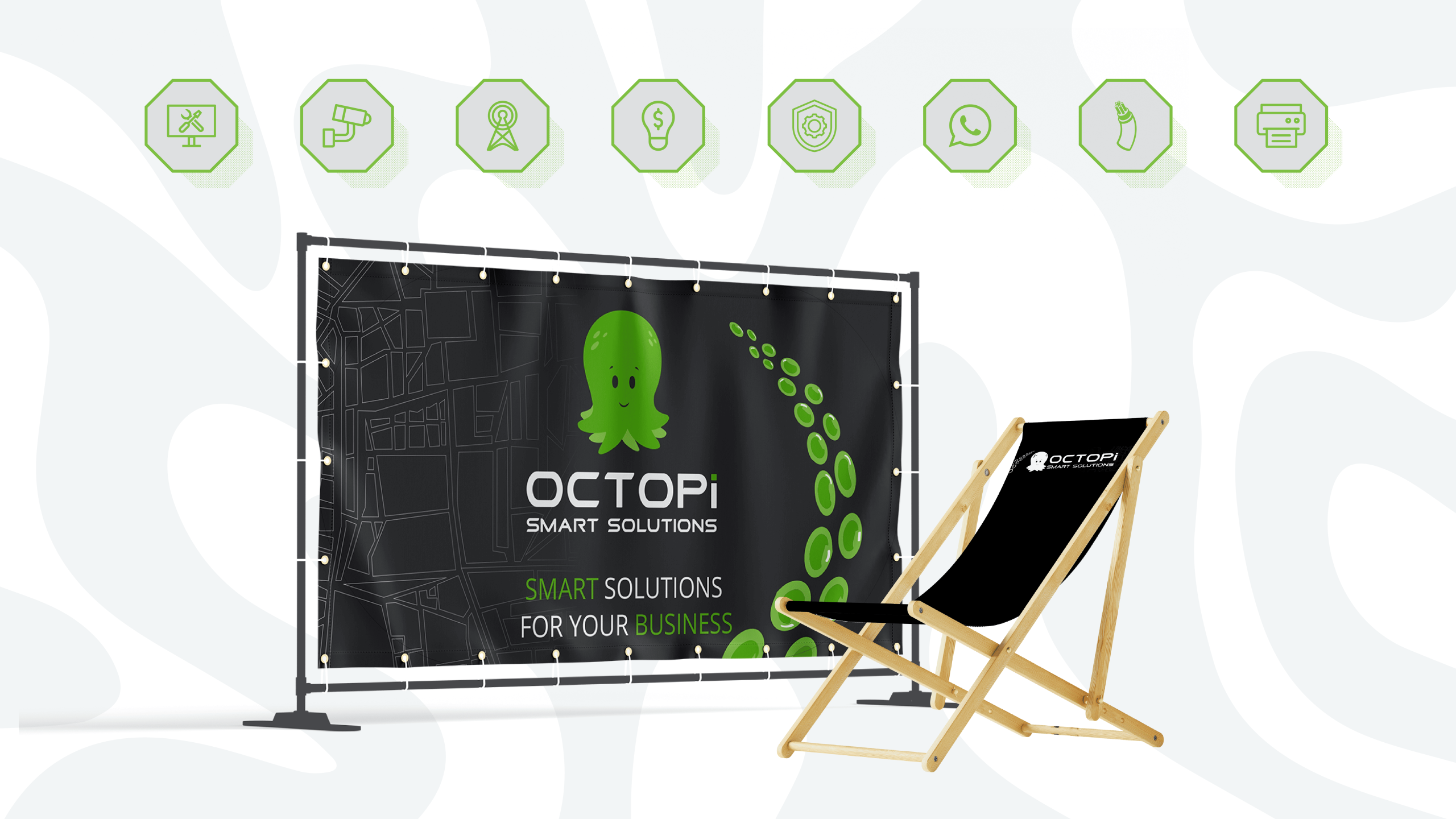 Banner featuring a green octopus logo and text "Octopi Smart Solutions: Smart Solutions for Your Business," alongside a black deck chair with the same branding. Iconography above suggests technology and innovation.