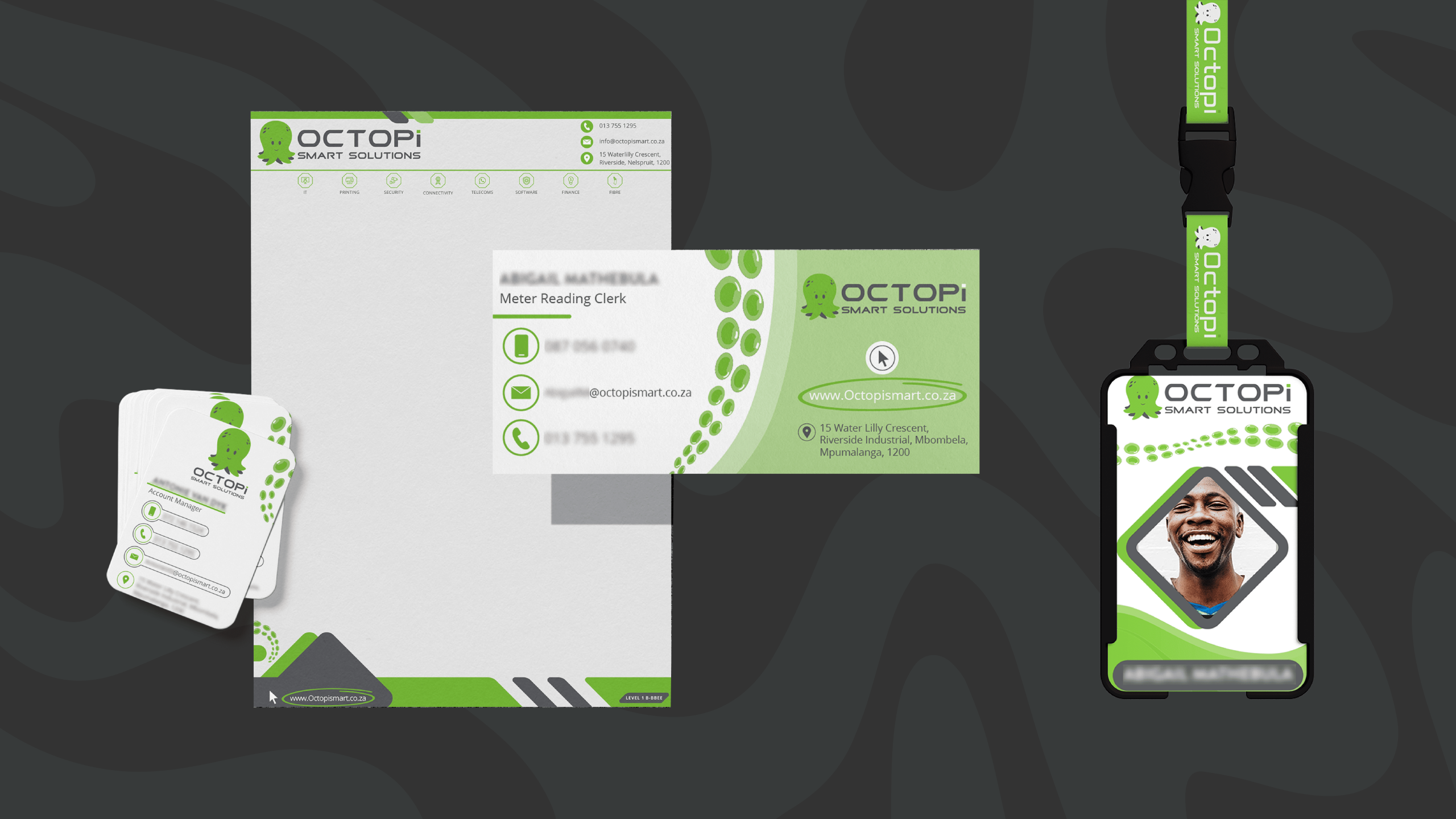 A set of branded materials for 'Octopi Smart Solutions,' featuring stationery, business cards, and an ID badge with a smiling person. The design uses green, black, and white colours with an octopus logo, conveying a tech-savvy and approachable tone.