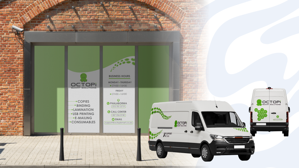 Brick building with large windows featuring Octopi business signage and services. Two white delivery vans with Octopi branding parked nearby.