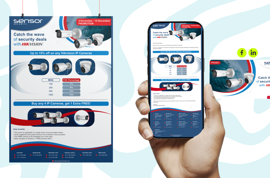 Security promotion flyer displayed on a phone and a poster, showcasing Hikvision IP cameras with discounts and offers. Blue and red design theme.