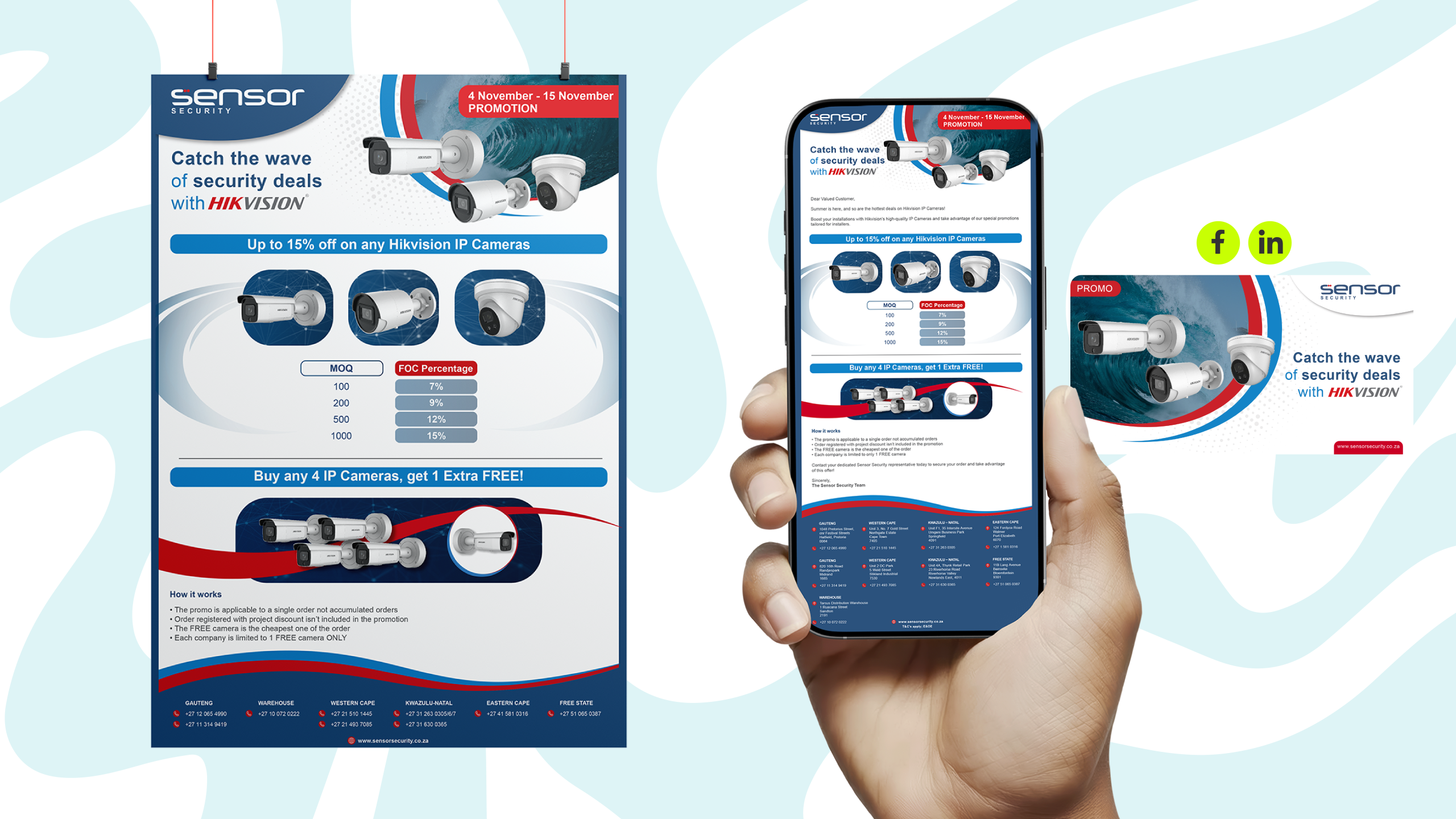 Security promotion flyer displayed on a phone and a poster, showcasing Hikvision IP cameras with discounts and offers. Blue and red design theme.