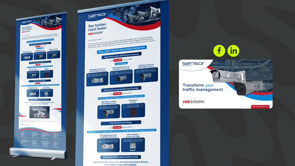 Promotional banner and card for Sensor Hikvision, featuring camera images and features for traffic monitoring solutions. Includes social media icons for Facebook and LinkedIn, with a corporate and professional tone in red and blue colours.