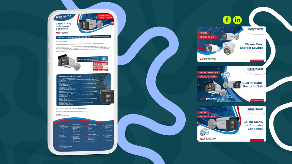 Digital ad featuring a security camera promotion. Main image shows product details on a smartphone screen with blue wave graphic. To the right, three smaller banners showcase camera features like clarity in conditions, each with a blue and red theme. Social media icons are at the top right.