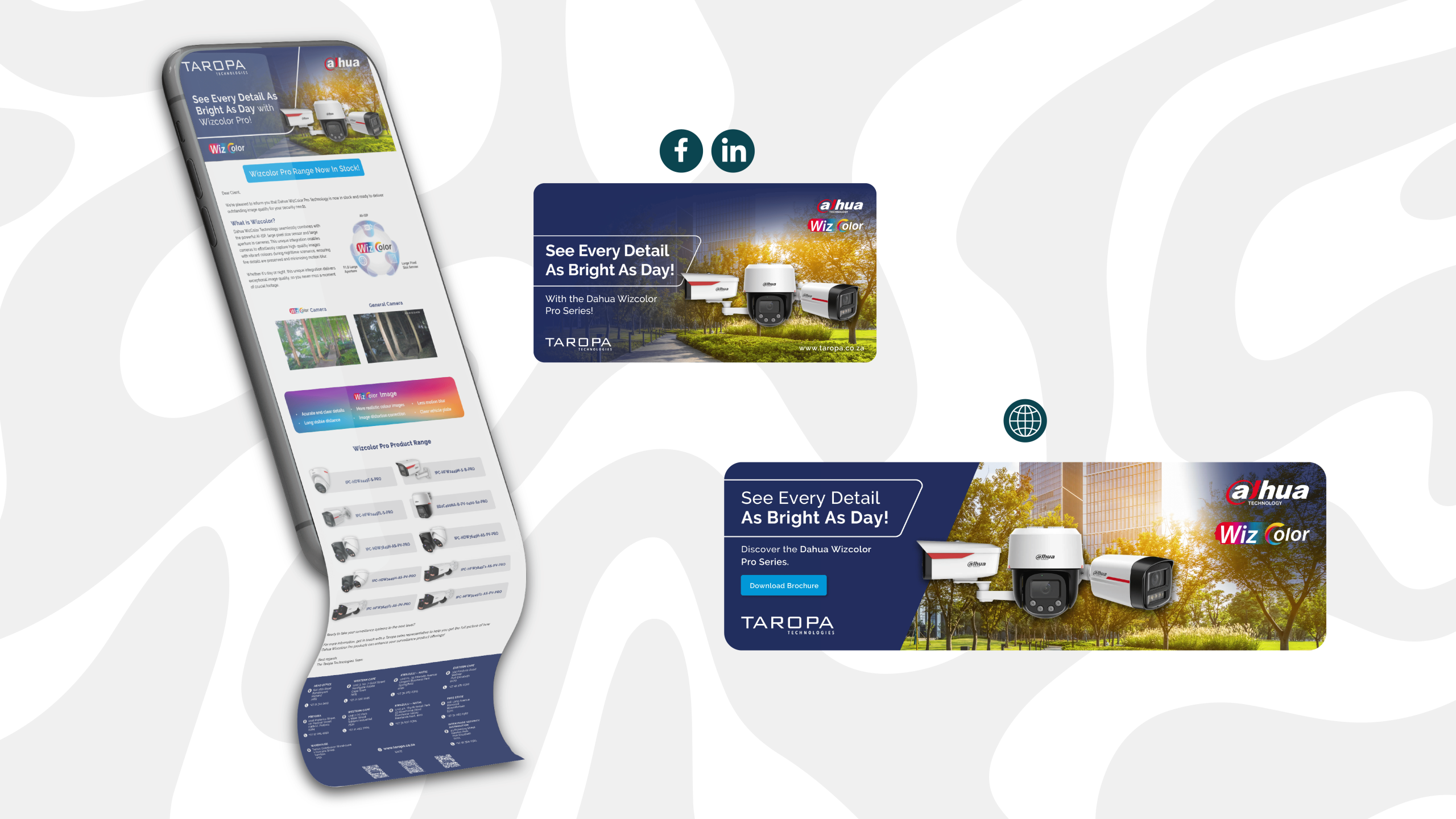 Three advertisement banners for security cameras by Dahua and Taropa. The central message highlights enhanced visibility with 'See Every Detail As Bright As Day!' Graphics feature cameras set against vibrant nature and city backgrounds, exuding a sense of security and clarity. Icons for Facebook and LinkedIn suggest online connectivity.