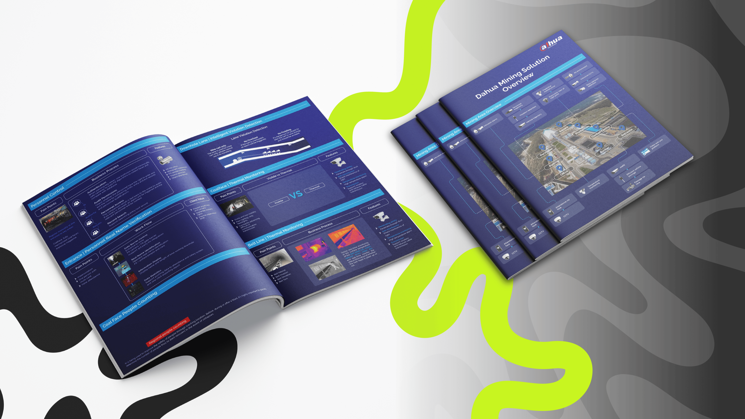 Aerial view of open brochures and closed booklets in a modern style with dark blue covers and technology graphics, against a wavy, abstract background.